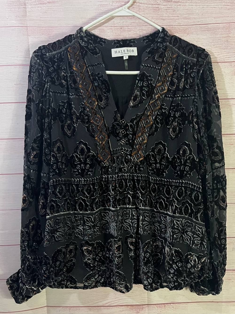 Hale Bob Los Angeles Silk Velvet Blend V-Neck Long Sleeve Blouse Size Small